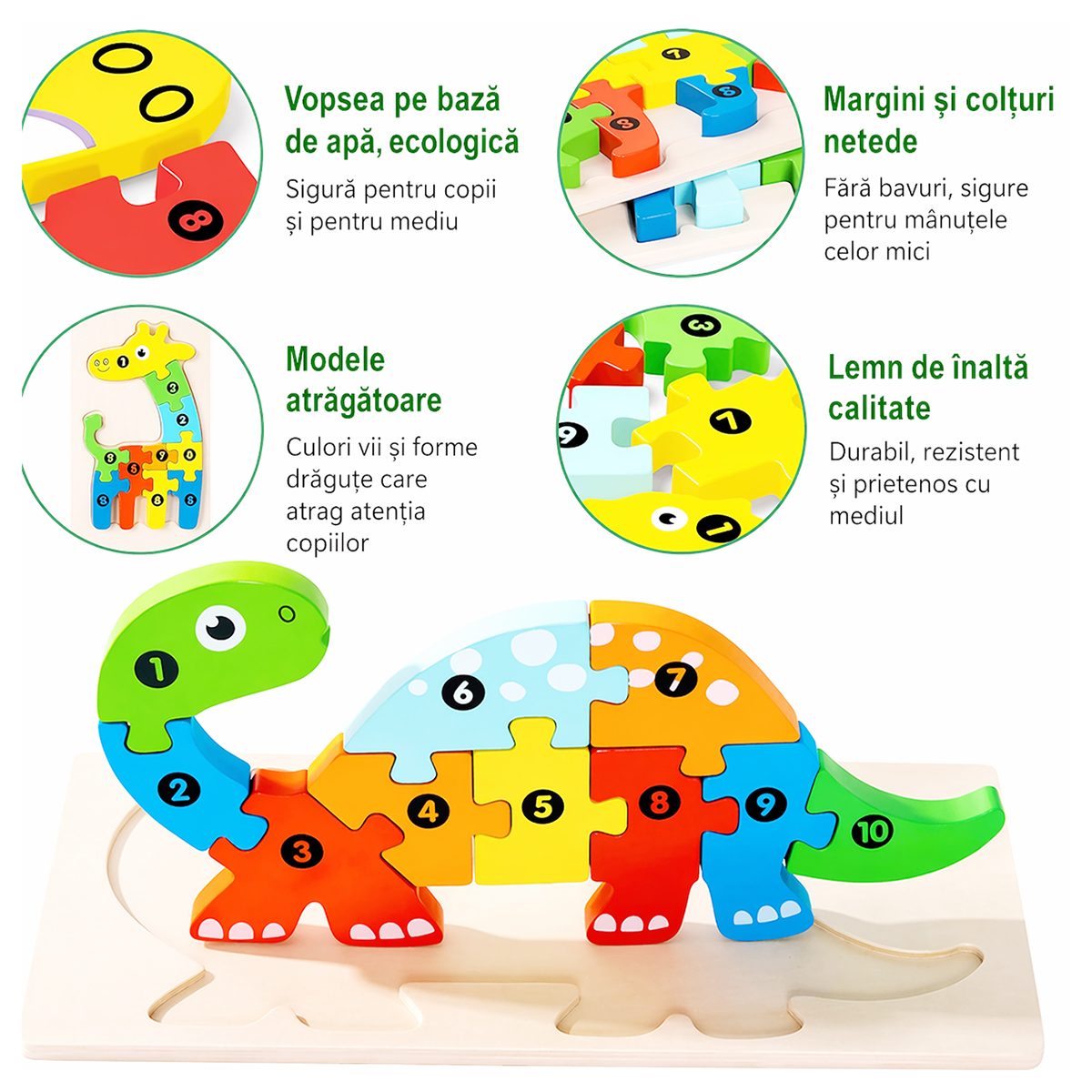 Puzzle educativ lemn Flippy Brachiosaurus, vedere laterală, greutate 28g, format compact pentru copii