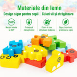 Detaliu piese puzzle lemn Montessori Flippy, vopsea ecologică colorată, model dinozaur Brachiosaurus