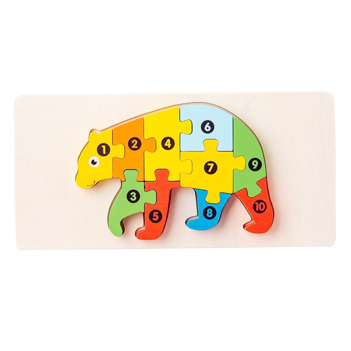 Puzzle din lemn 3D Flippy model urs, 11 piese multicolor, vedere frontală completă, jucărie Montessori 0-3 ani