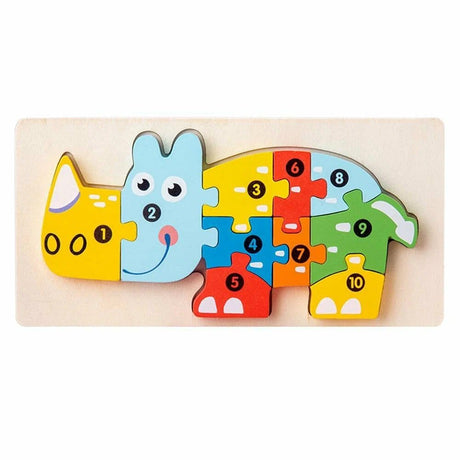 Puzzle din lemn 3D Montessori Flippy, model Rinocer, 11 piese colorate, vedere frontală completă