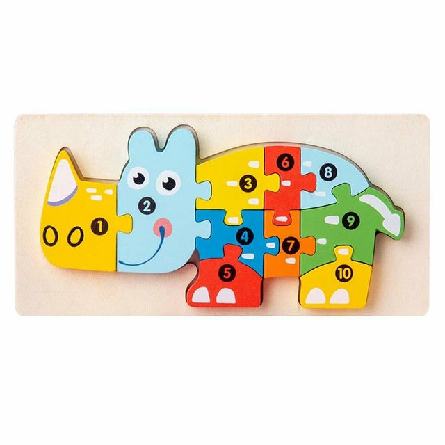 Puzzle din lemn 3D Montessori Flippy, model Rinocer, 11 piese colorate, vedere frontală completă