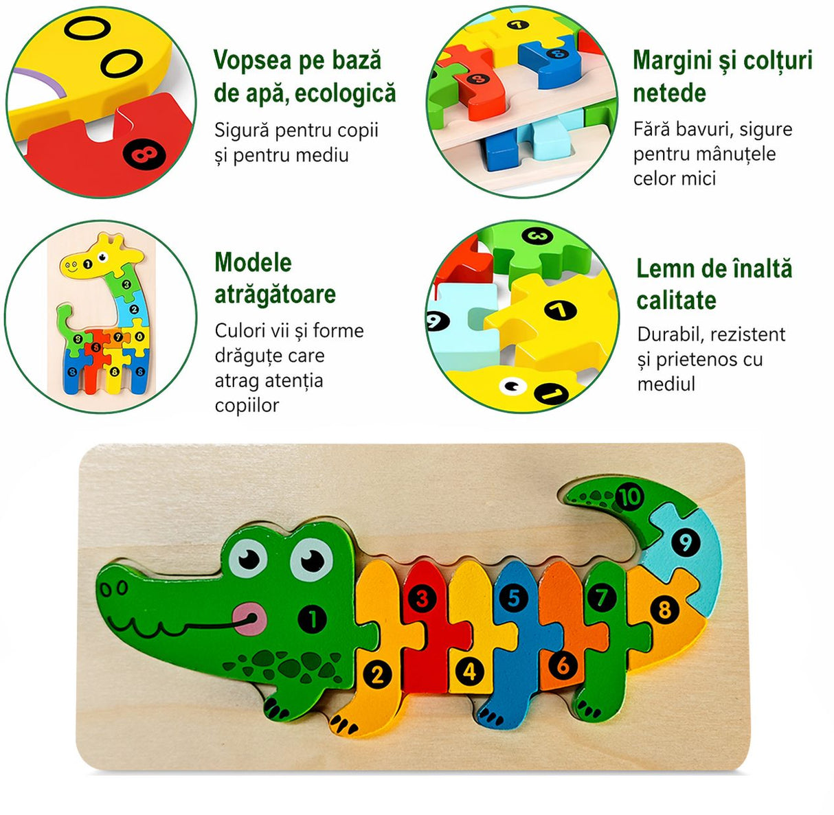 Jucărie educativă Montessori Flippy, puzzle crocodil 11 piese asamblat, perspectivă laterală