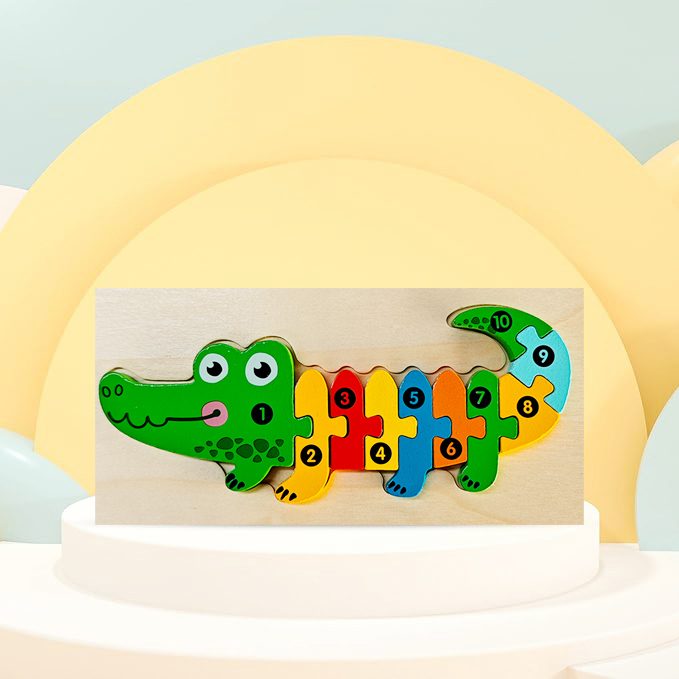 Puzzle lemn 3D Flippy crocodil, detaliu piese individuale din lemn natural cu vopsea ecologică
