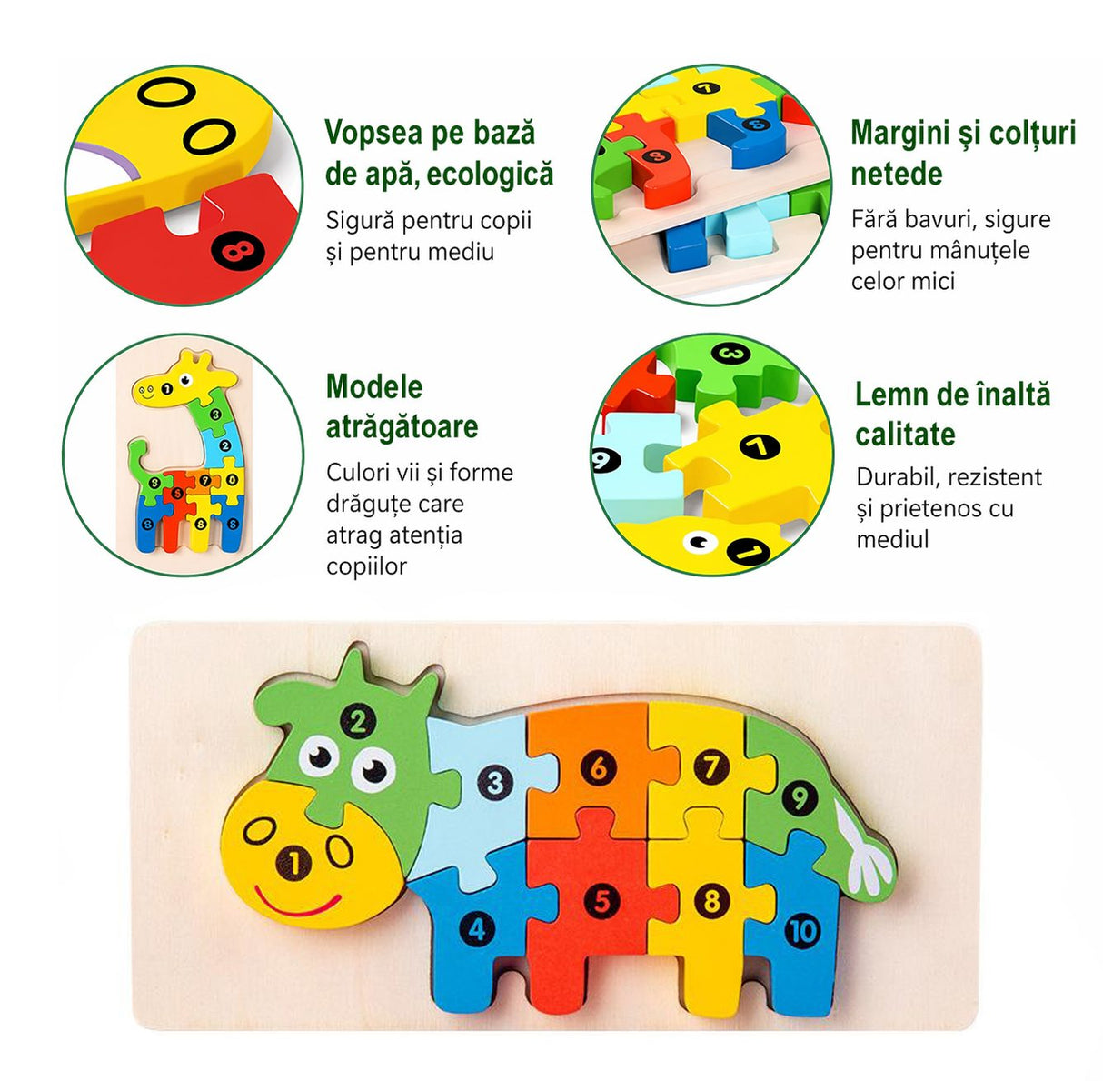Puzzle lemn Flippy vacuță asamblat complet, multicolor, vedere de sus, jucărie educativă 0-3 ani