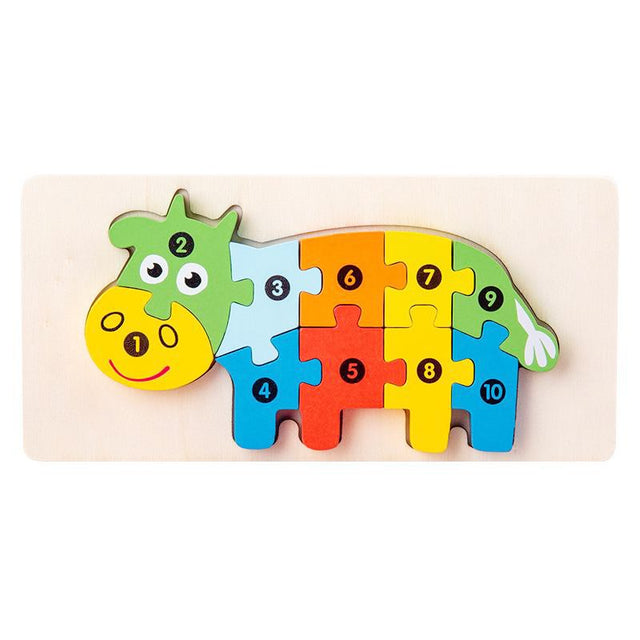Puzzle din lemn 3D Flippy model vacuță, 11 piese multicolore, jucărie Montessori pentru copii 0-3 ani, vedere frontală