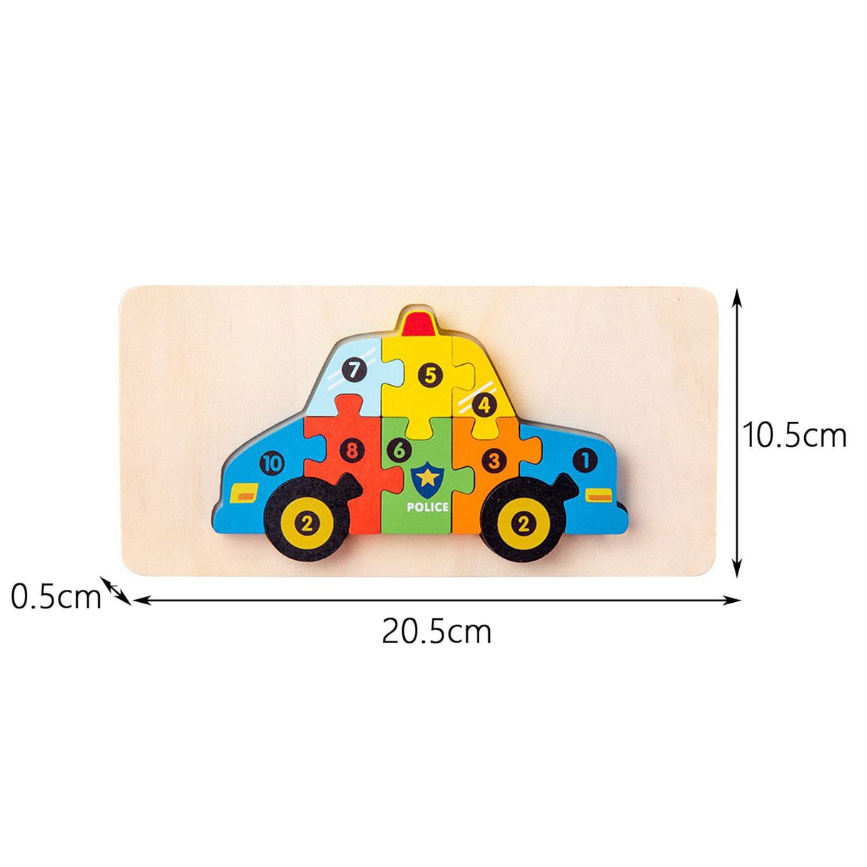 Copil 0-3 ani asamblând puzzle lemn 3D Flippy mașină de poliție, vedere laterală, joc educativ