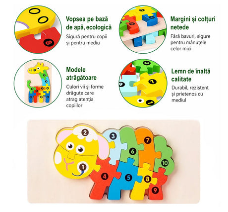 Piesele puzzle-ului din lemn Flippy model Oaie, detaliu textura lemn masiv vopsit ecologic