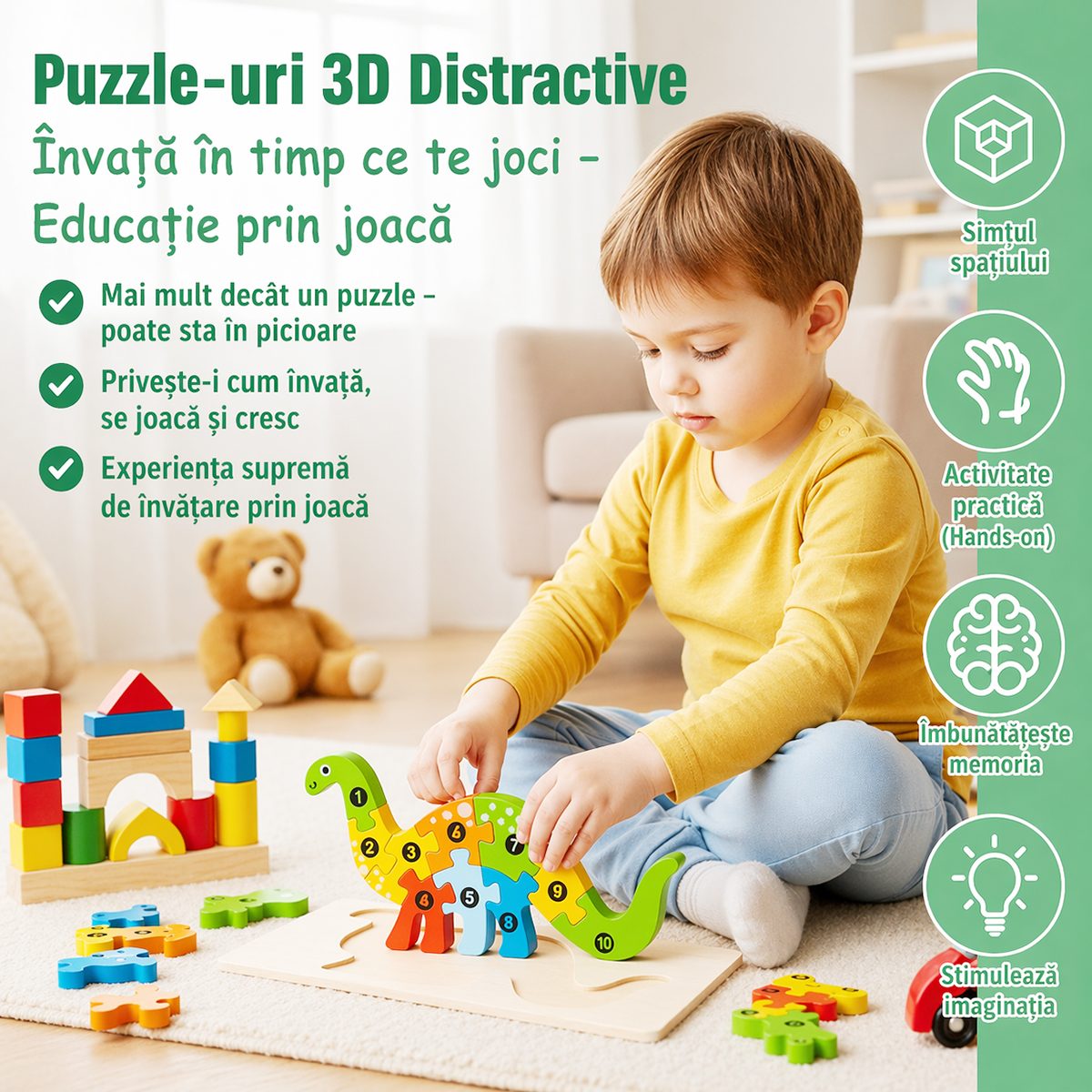 Copil mic manipulând piesele puzzle-ului din lemn 3D Flippy Oaie, coordonare mână-ochi