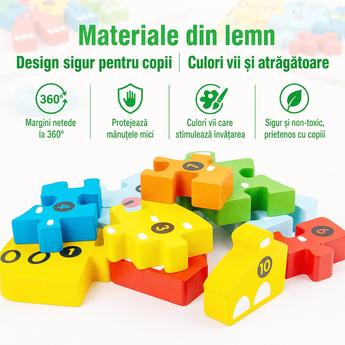Puzzle Montessori Flippy Magarus dezmembrat, cele 11 piese individuale aranjate pe fundal alb