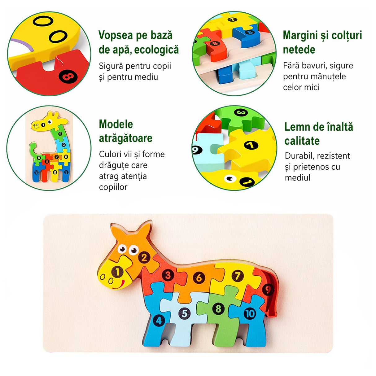 Detaliu textură lemn natural puzzle Flippy Magarus, finisaj ecologic non-toxic pentru bebeluși