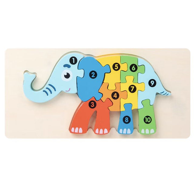 Puzzle din lemn 3D Montessori Flippy, model elefant multicolor, 11 piese, vedere frontală completă