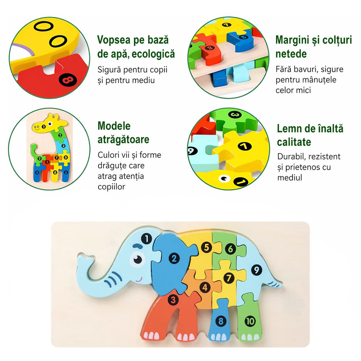 Detaliu piesă puzzle lemn 3D Flippy, vopsea ecologică multicolor, textură lemn natural