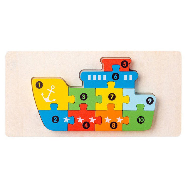 Puzzle din lemn 3D Flippy model Navă, 11 piese multicolor, vedere frontală completă