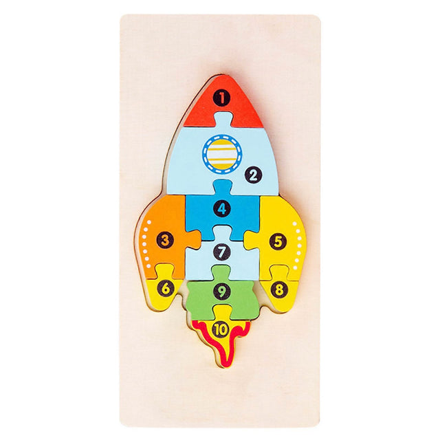 Puzzle din lemn 3D Montessori Flippy, model rachetă multicolor, 11 piese, vedere frontală completă