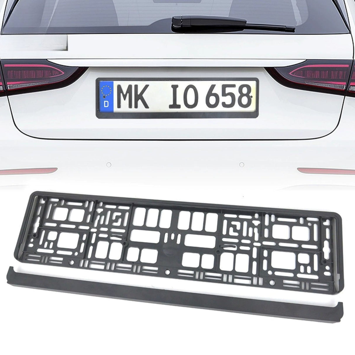 Suport plăcuță înmatriculare Flippy XC-W341 montat pe vehicul, perspectivă laterală, model negru