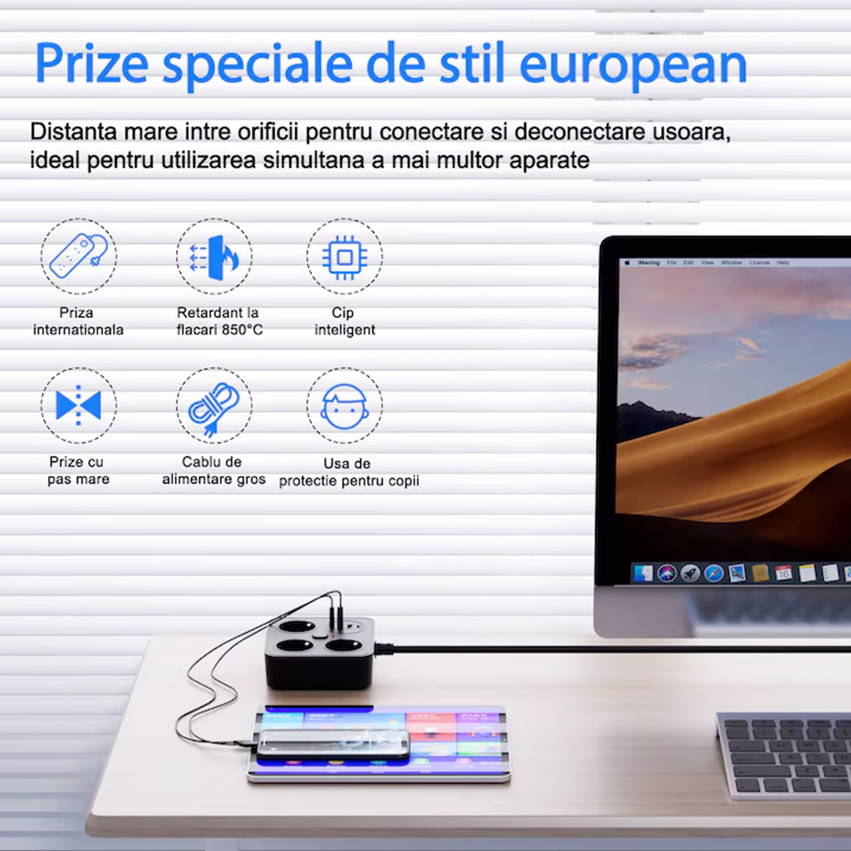 Suport integrat pentru telefon al prelungitorului Flippy, telefon așezat în poziție verticală