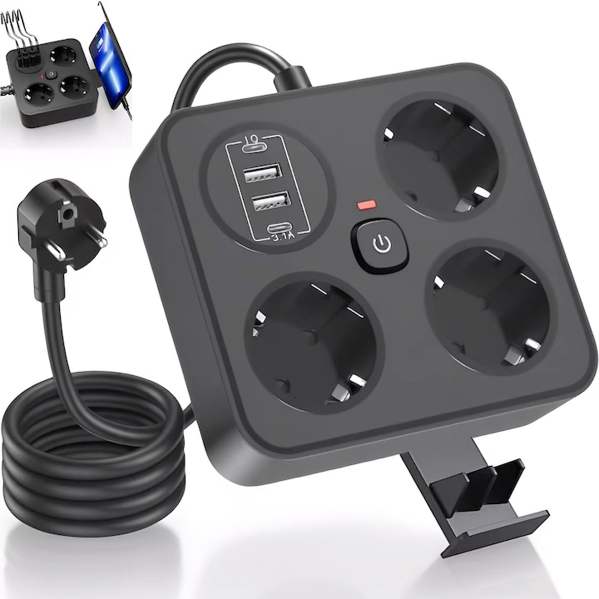 Buton ON/OFF cu indicator LED al prelungitorului Flippy negru, vedere de aproape