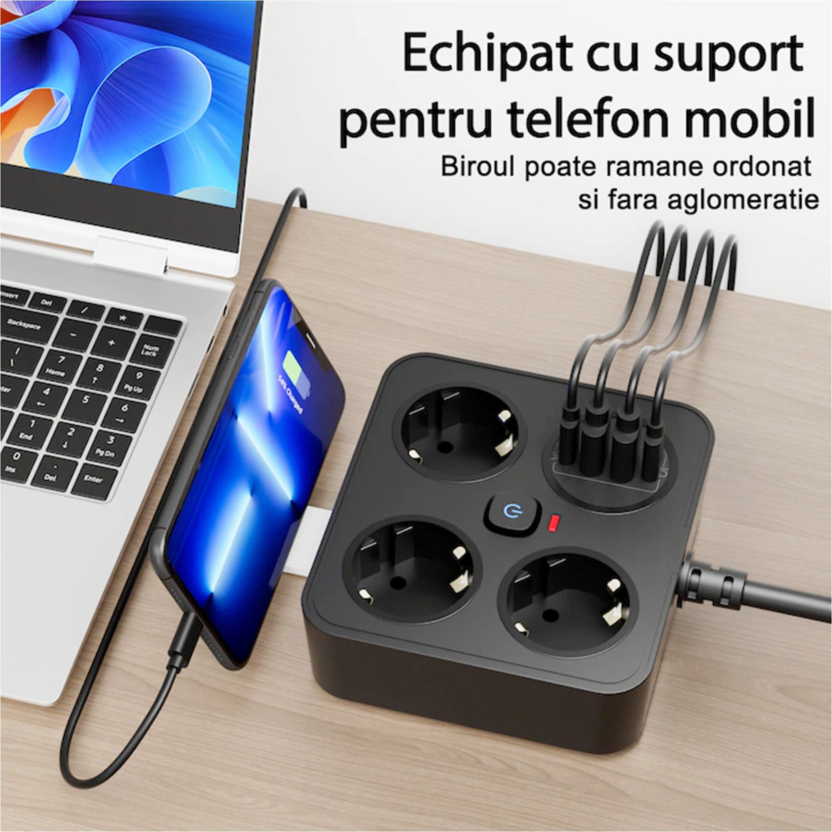 Prelungitor Flippy cu cablu de 2 metri conectat la priză, utilizare în birou modern