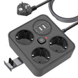 Prelungitor USB Flippy negru pentru birou, 3 prize Schuko și 4 porturi USB, vedere frontală