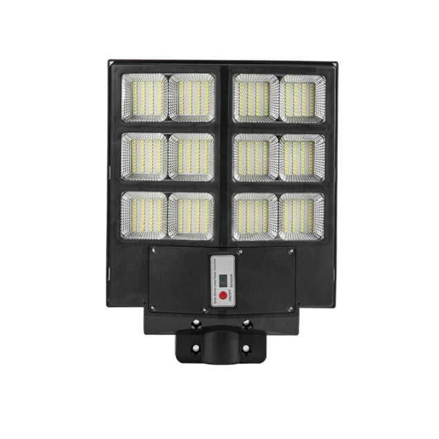 Lampa solara stradala Vivimall, cu telecomanda, senzor de miscare si lumina, suport prindere, 480 LED-uri, IP65, ABS, 15AH, 300W, temperatura culoare 6500K, 44.6x34.8x7.2 cm, autonomie 10-12 ore, negru - vivimall.ro