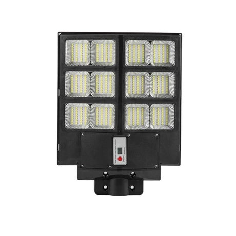 Lampa solara stradala Vivimall, cu telecomanda, senzor de miscare si lumina, suport prindere, 480 LED-uri, IP65, ABS, 15AH, 300W, temperatura culoare 6500K, 44.6x34.8x7.2 cm, autonomie 10-12 ore, negru - vivimall.ro