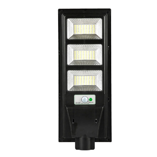 Lampa solara stradala Vivimall, cu telecomanda, senzor de miscare si lumina, suport prindere, 144 LED-uri, IP65, ABS, 8AH, 150W, temperatura culoare 6500K, 49.5x18.8x5 cm, F6006-150w, autonomie 10-12 ore, negru - vivimall.ro