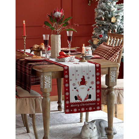 Fata de Masa Craciun, Vivimall, Model 1 Elfi si Reni, din Textil, 33x180cm, Alb/Rosu - vivimall.ro