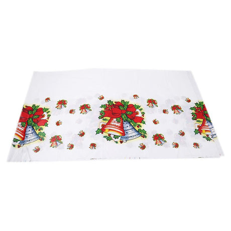 Fata de masa dreptunghiulara Vivimall, PVC, 2.5 mm grosime, imprimeu clopotei, potrivit pentru Craciun, utilizare multipla, 180 x 108 cm, alb - vivimall.ro