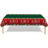 Fata de Masa Festiva, Vivimall, Dreptunghiulara, Imprimeu Merry Christmas, Tema Craciun, Rezistenta la Apa, din PVC, 137 x 274 cm, Rosu/Verde - vivimall.ro