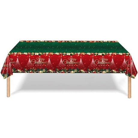 Fata de Masa Festiva, Vivimall, Dreptunghiulara, Imprimeu Merry Christmas, Tema Craciun, Rezistenta la Apa, din PVC, 137 x 274 cm, Rosu/Verde - vivimall.ro