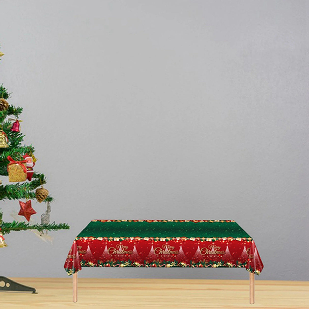Fata de Masa Festiva, Vivimall, Dreptunghiulara, Imprimeu Merry Christmas, Tema Craciun, Rezistenta la Apa, din PVC, 137 x 274 cm, Rosu/Verde - vivimall.ro