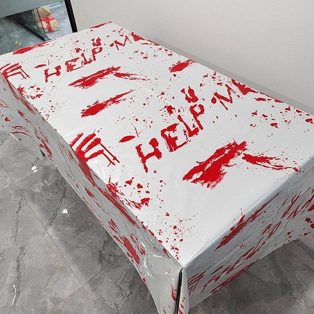 Fata de Masa, Vivimall, din Folie, Imprimeu Halloween - Help Me, 137 x 183 cm, Alb/Rosu - vivimall.ro