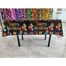 Fata de Masa, Vivimall, din Folie, Imprimeu Happy Birthday cu Baloane, 137 x 183 cm, Negru - vivimall.ro