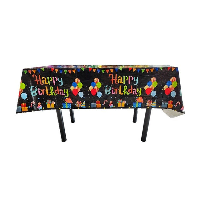 Fata de Masa, Vivimall, din Folie, Imprimeu Happy Birthday cu Baloane, 137 x 183 cm, Negru - vivimall.ro