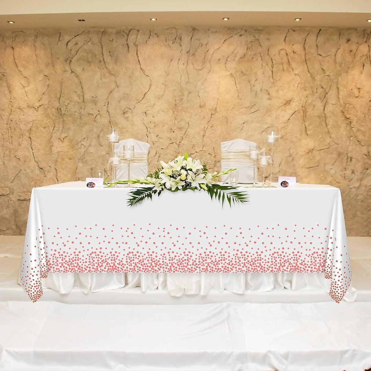 Fata de Masa, Vivimall, din PEVA, Imprimeu Buline, 137 x 274 cm, Impermeabila, Fara Pete, Curatare Rapida, Roz Gold - vivimall.ro