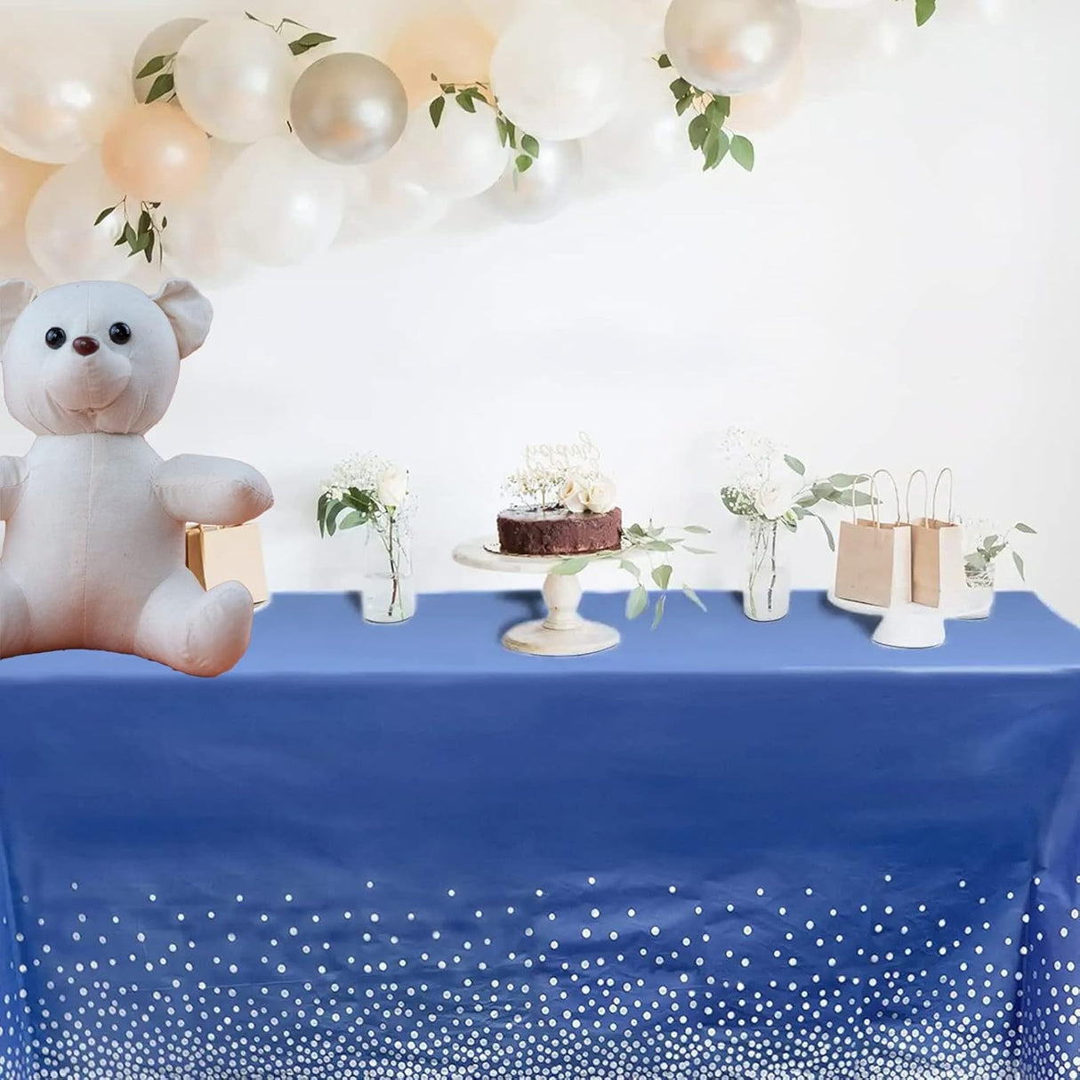 Fata de Masa, Vivimall, din PEVA, Imprimeu Buline Argintii, 137 x 274 cm, Impermeabila, Fara Pete, Curatare Rapida, Albastru Inchis - vivimall.ro