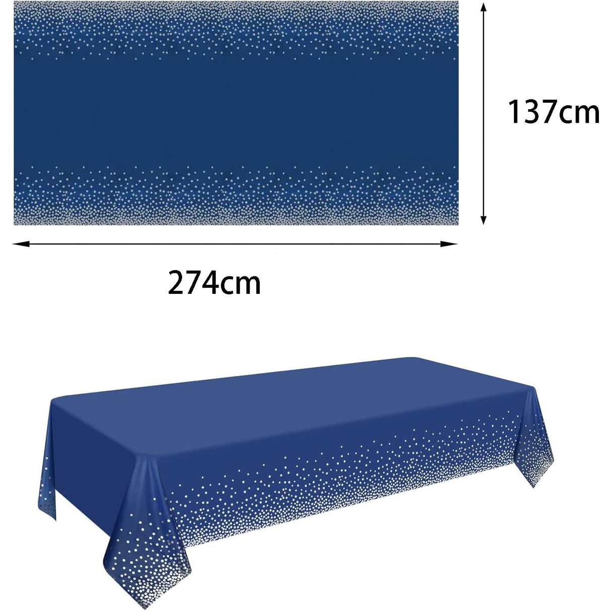 Fata de Masa, Vivimall, din PEVA, Imprimeu Buline Argintii, 137 x 274 cm, Impermeabila, Fara Pete, Curatare Rapida, Albastru Inchis - vivimall.ro