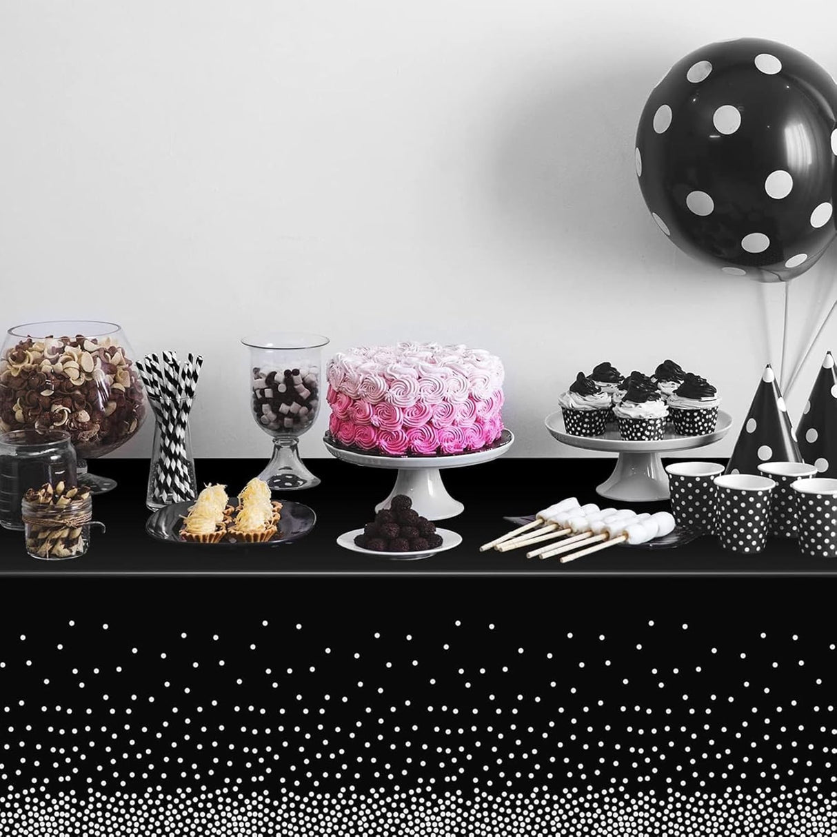 Fata de Masa, Vivimall, din PEVA, Imprimeu Buline Argintii, 137 x 274 cm, Impermeabila, Fara Pete, Curatare Rapida, Negru - vivimall.ro