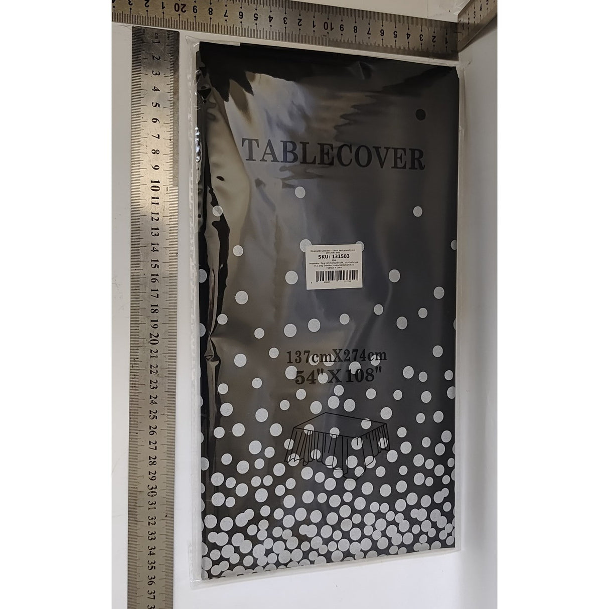 Fata de Masa, Vivimall, din PEVA, Imprimeu Buline Argintii, 137 x 274 cm, Impermeabila, Fara Pete, Curatare Rapida, Negru - vivimall.ro