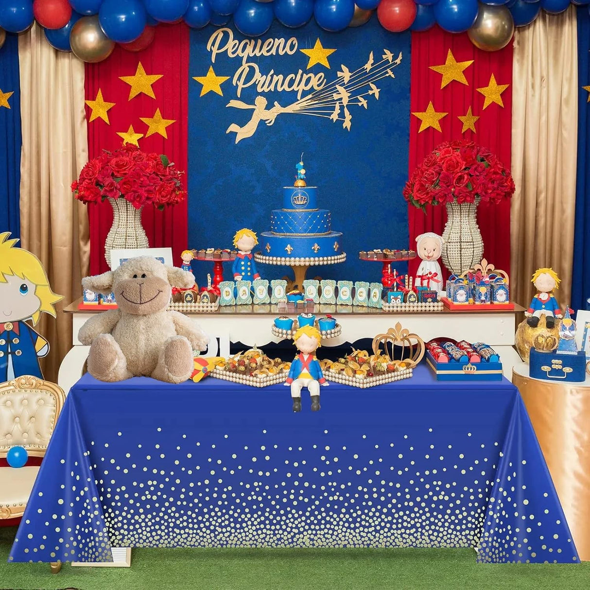 Fata de Masa, Vivimall, din PEVA, Imprimeu Buline Aurii, 137 x 274 cm, Impermeabila, Fara Pete, Curatare Rapida, Albastru Inchis - vivimall.ro