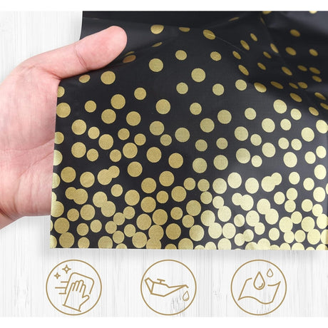 Fata de Masa, Vivimall, din PEVA, Imprimeu Buline Aurii, 137 x 274 cm, Impermeabila, Fara Pete, Curatare Rapida, Negru - vivimall.ro