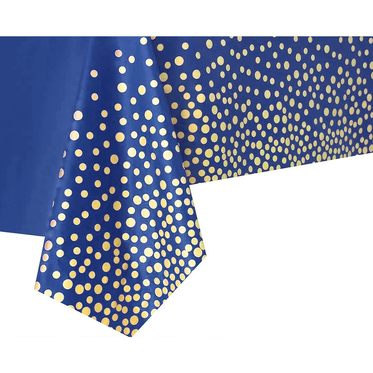 Fata de Masa, Vivimall, din PEVA, Imprimeu Buline Aurii, 137 x 274 cm, Impermeabila, Fara Pete, Curatare Rapida, Albastru Inchis - vivimall.ro