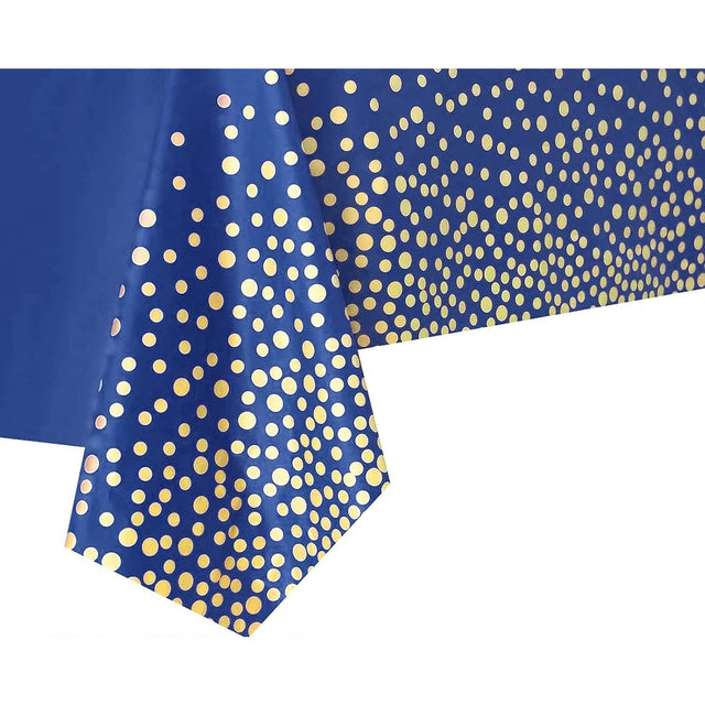 Fata de Masa, Vivimall, din PEVA, Imprimeu Buline Aurii, 137 x 274 cm, Impermeabila, Fara Pete, Curatare Rapida, Albastru Inchis - vivimall.ro