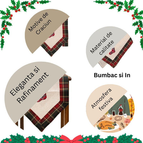 Fata de Masa Vivimall, Material In Brodat, cu Motive de Craciun Ghetute, 180 x 40 cm, Crem - vivimall.ro