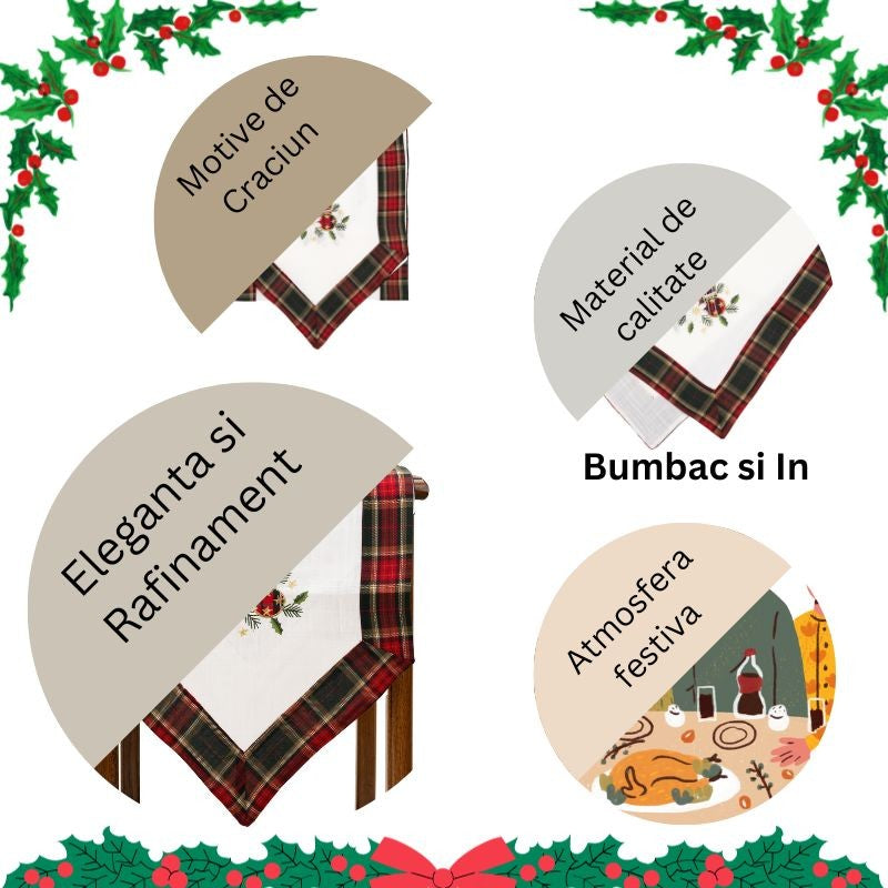 Fata de Masa Vivimall, Material In Brodat, cu Motive de Craciun Lumanari, 180 x 40 cm, Alb - vivimall.ro