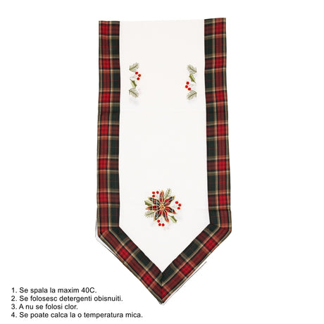 Fata de Masa Vivimall, Material In Brodat, cu Motive Florale de Craciun, 180 x 40 cm, Alb - vivimall.ro