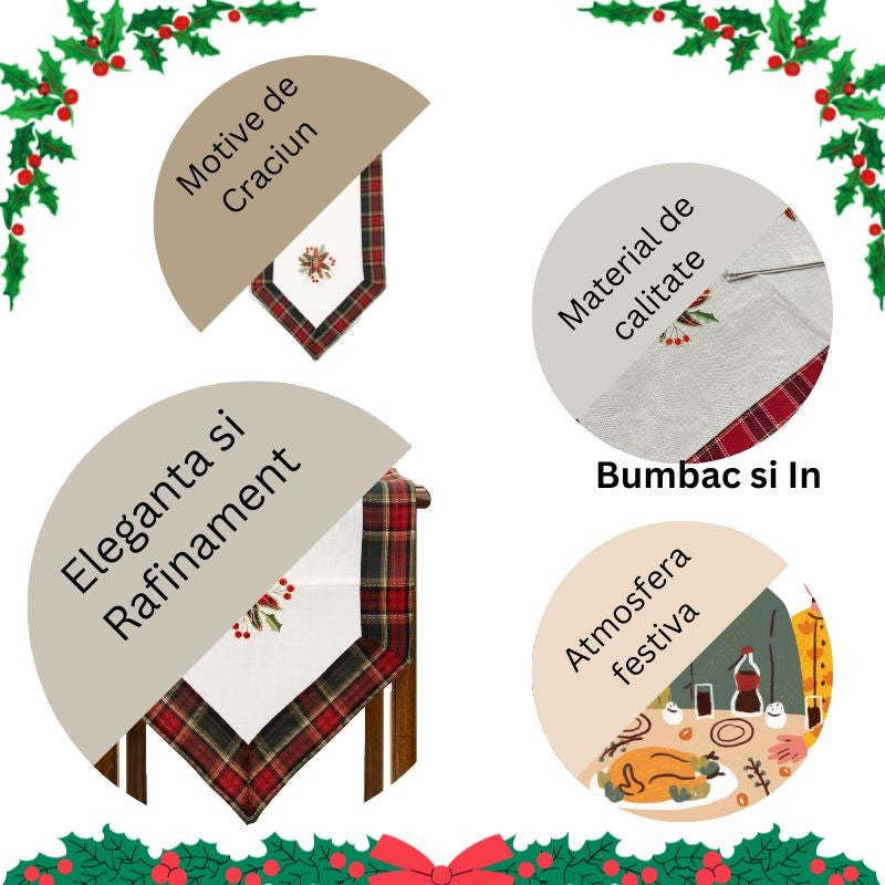 Fata de Masa Vivimall, Material In Brodat, cu Motive Florale de Craciun, 180 x 40 cm, Alb - vivimall.ro