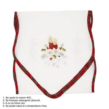 Fata de Masa Vivimall, Material In Brodat, cu Motive Florale de Craciun si Lumanari, 180 x 40 cm, Alb - vivimall.ro
