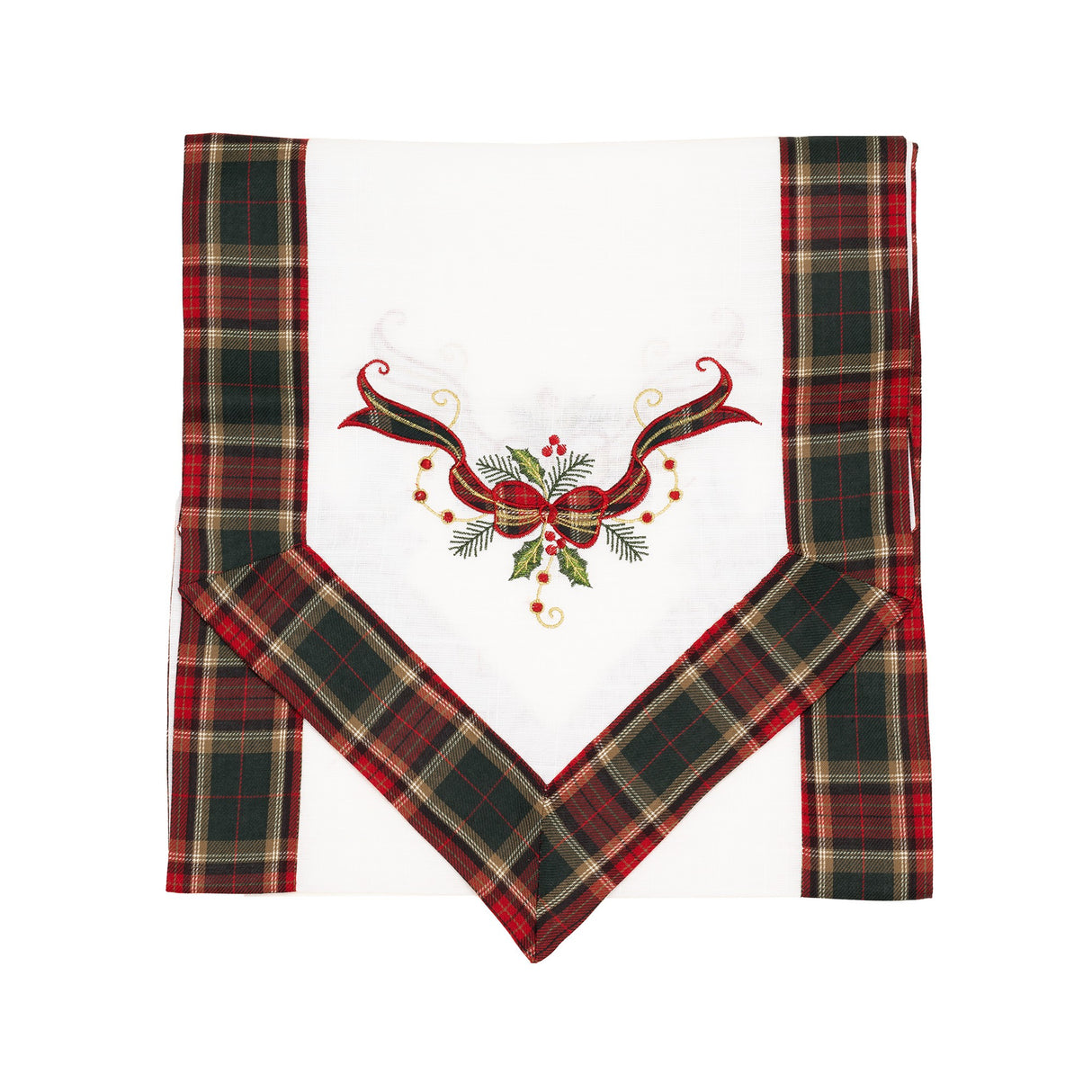 Fata de Masa Vivimall, Material In Brodat, cu Motive Fundita de Craciun, 180 x 40 cm, alba - vivimall.ro