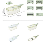 Feliator Multifunctional, Vivimall, 6 in 1, pentru Fructe si Legume, 9 Piese, Maner, Lame de Inox, Recipient Stocare, Protectie Mana, ABS, 35x12x9.4 cm, Verde - vivimall.ro